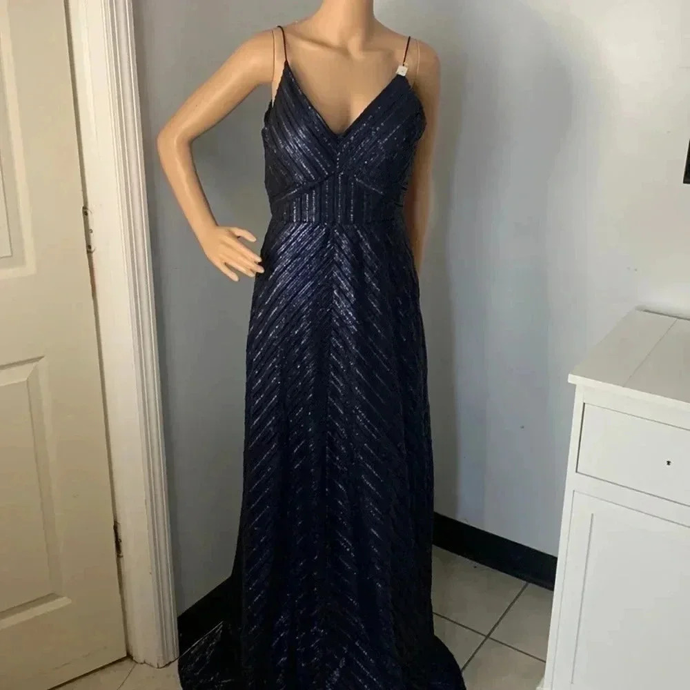 Weddington Way | Florence Navy Metallic Striped V-Neck Bridesmaid Dress